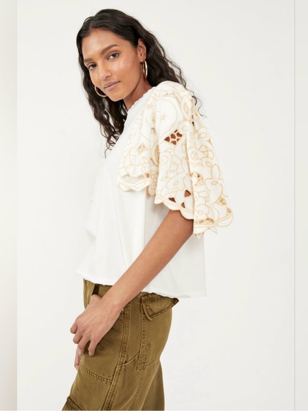 Free People White Top with Ivory Eyelet Flutter Sleeves